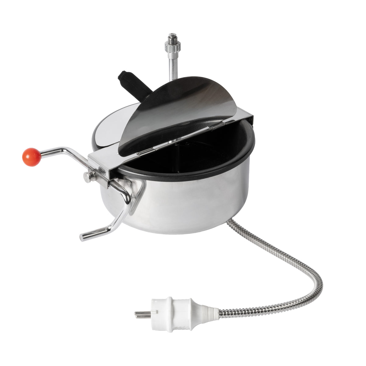 Stainless steel pot with a red-handled crank, hinged lid, and coiled power cord. Industrial design, suggests functionality and durability.