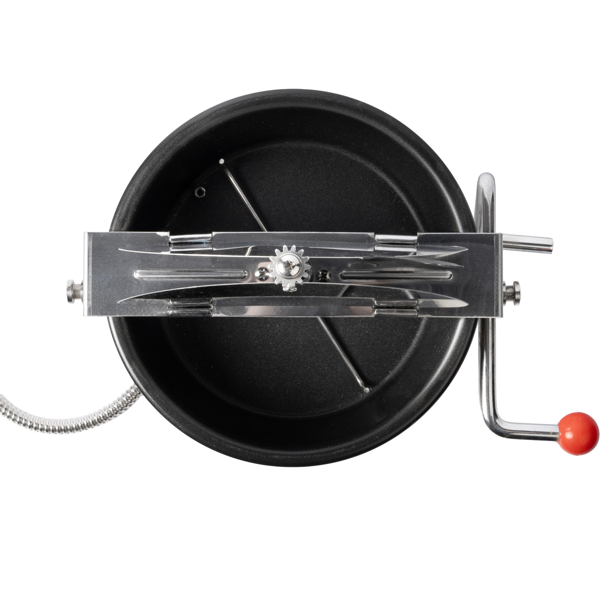 Top view of a black stovetop popcorn popper with silver gears and a red handle. The image conveys a mechanical, utilitarian feel.