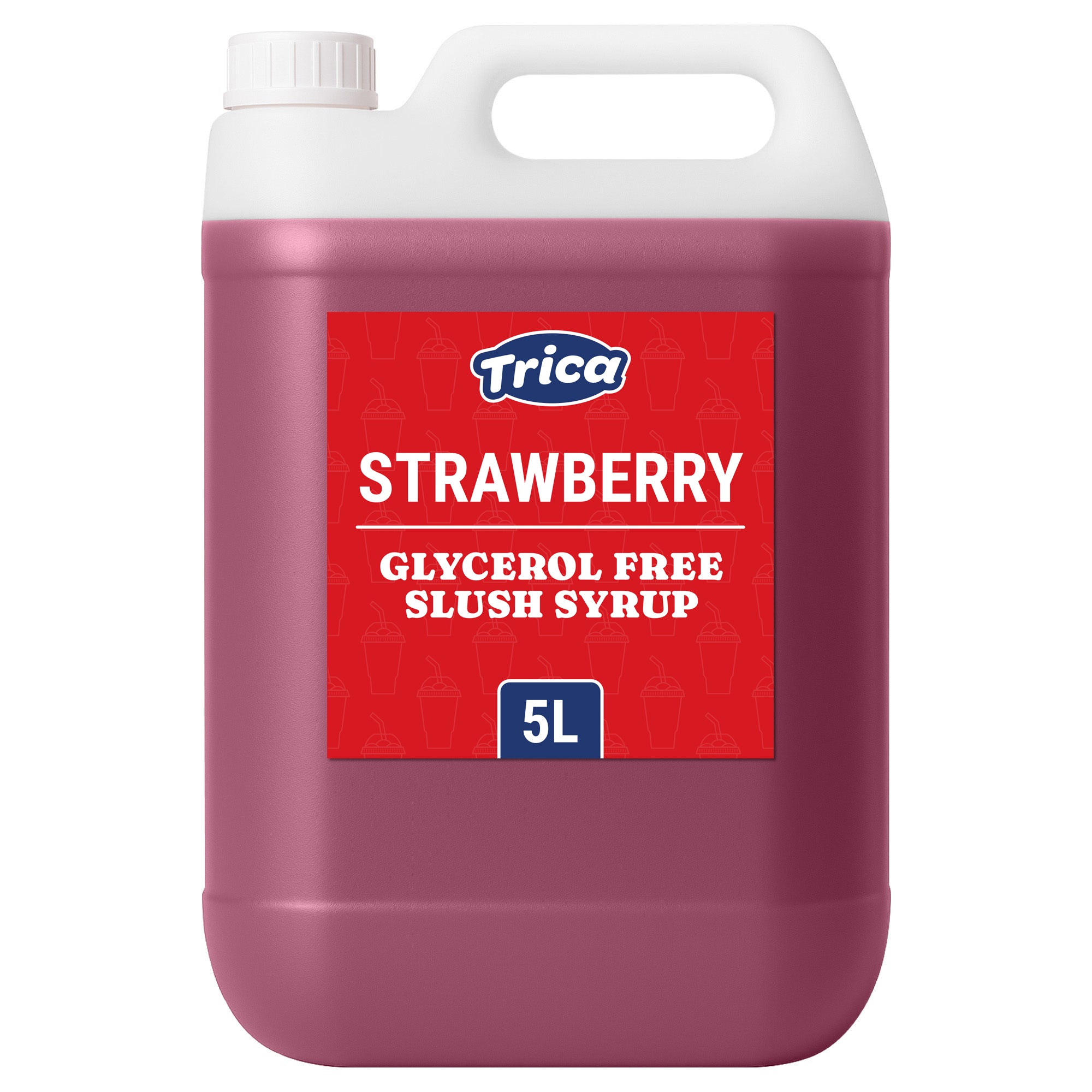 A large 5L container of Trica strawberry glycerol-free slush syrup, featuring a red label with white text and graphic slush cup icons in the background.