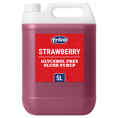 A large 5L container of Trica strawberry glycerol-free slush syrup, featuring a red label with white text and graphic slush cup icons in the background.
