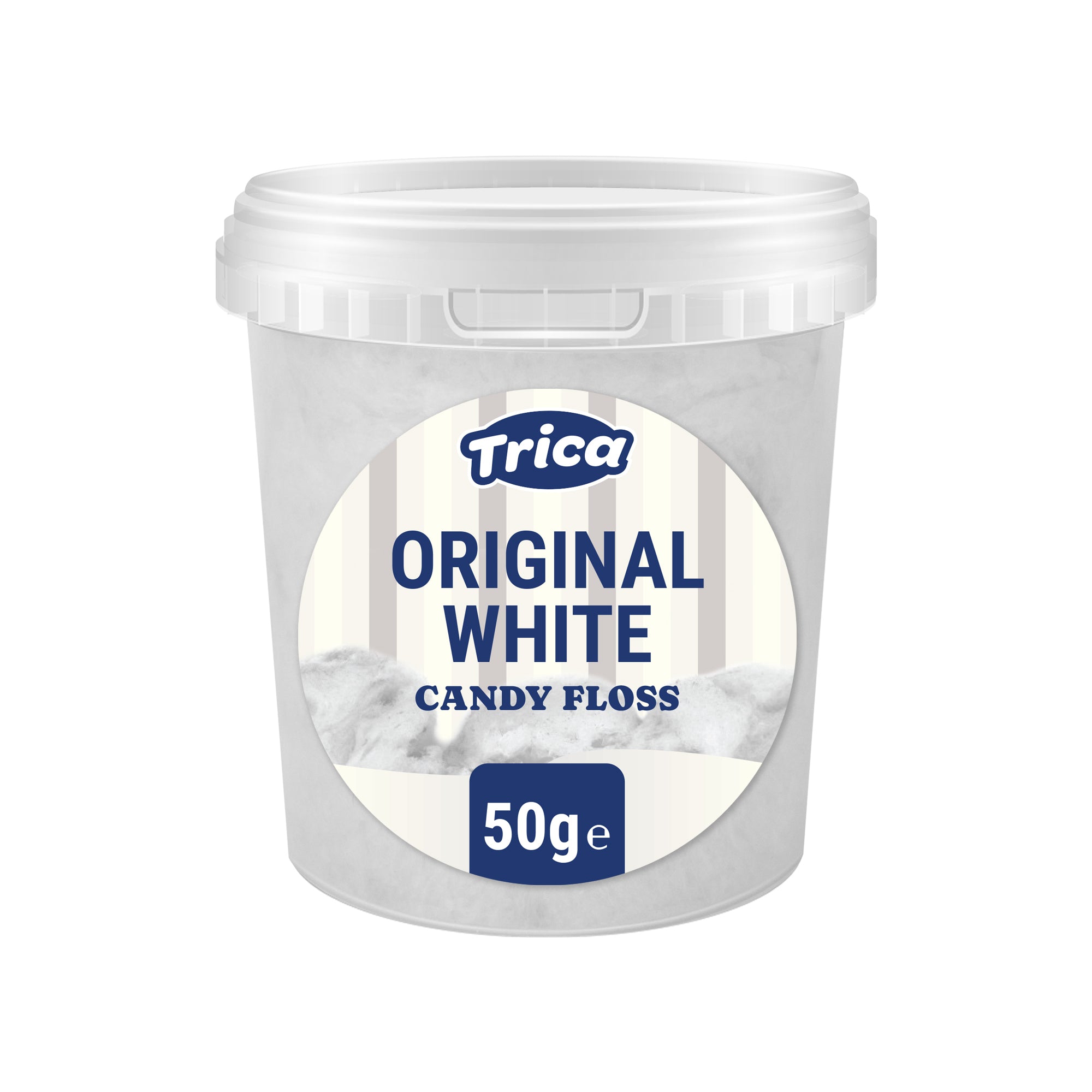 A 50g plastic tub of Trica Original White Candy Floss, featuring a white label with blue text and a graphic of white floss strands, set against a plain white background.