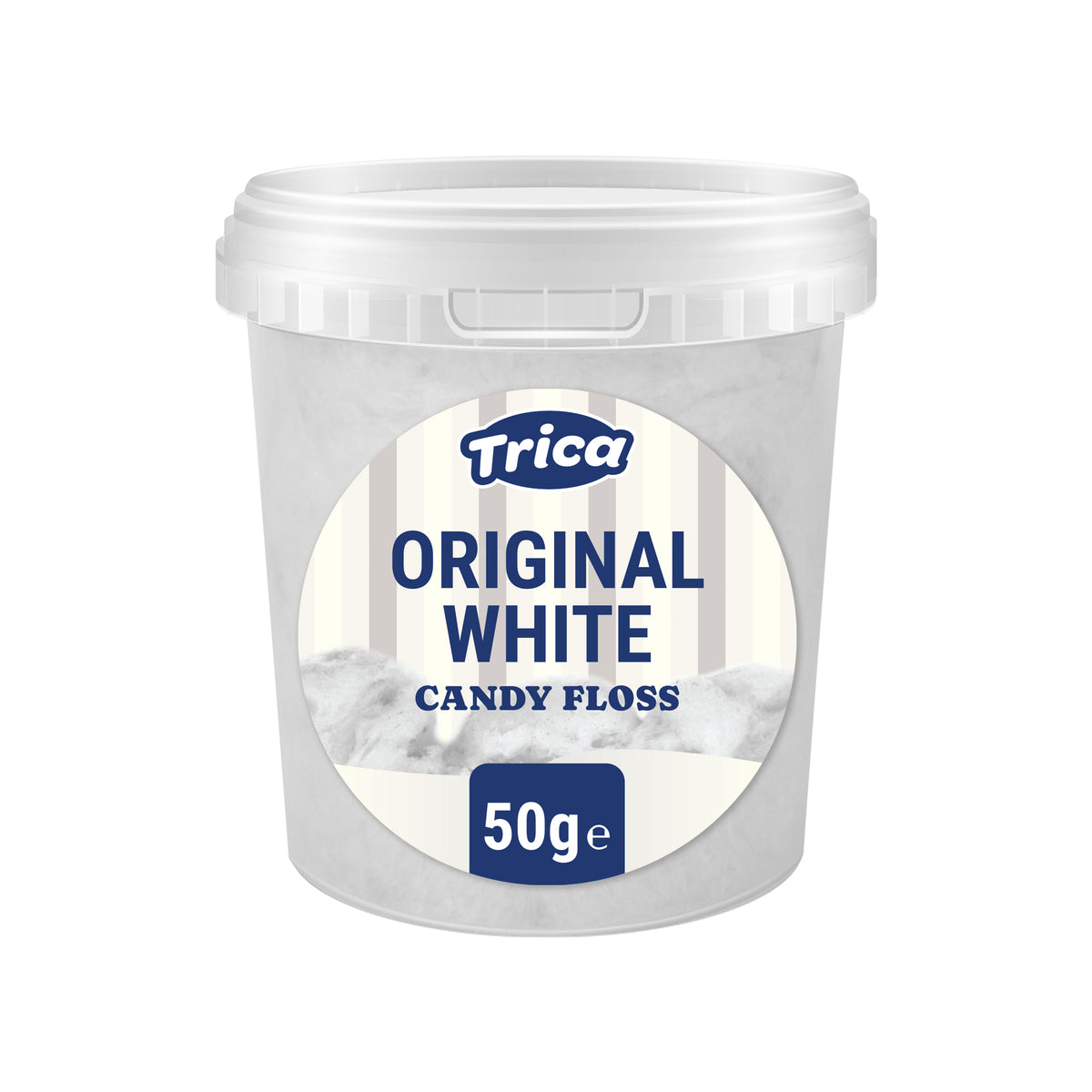 A 50g plastic tub of Trica Original White Candy Floss, featuring a white label with blue text and a graphic of white floss strands, set against a plain white background.