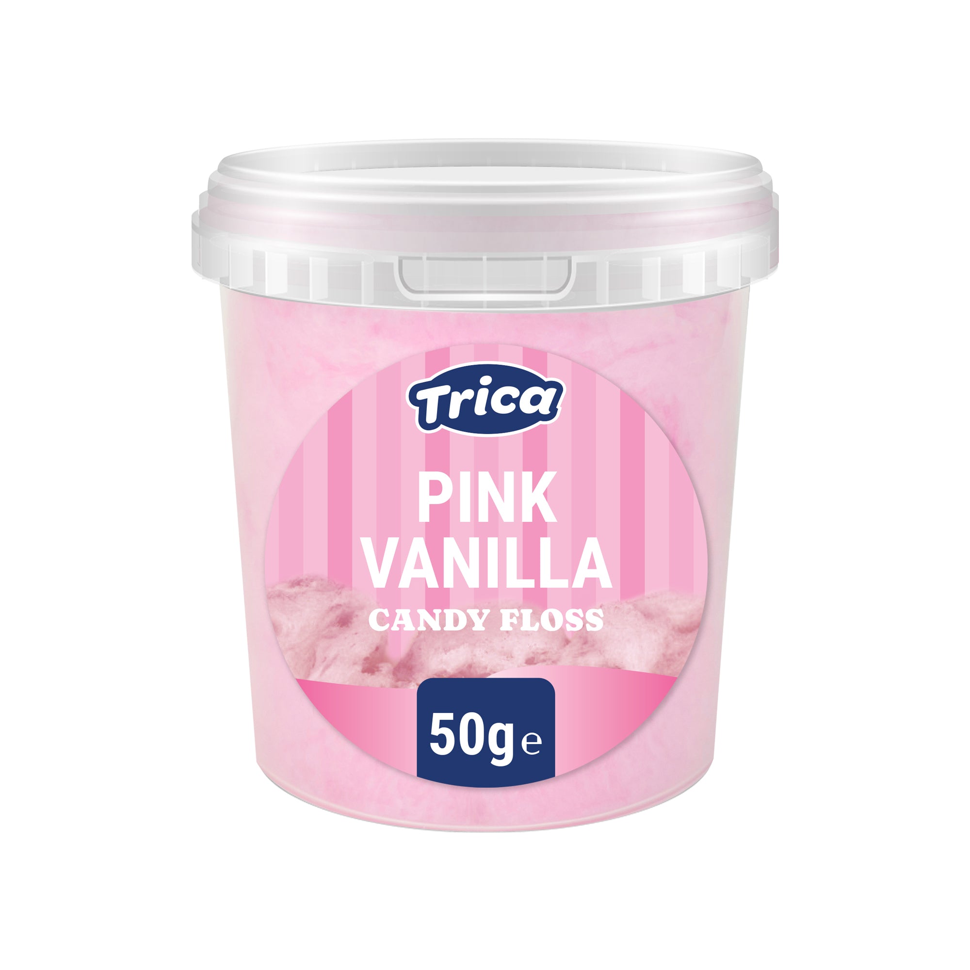 A 50g tub of Trica Pink Vanilla Candy Floss, featuring a pink label with white text and a blue Trica logo, set against a plain white background.