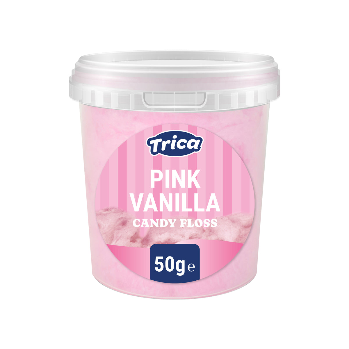 A 50g tub of Trica Pink Vanilla Candy Floss, featuring a pink label with white text and a blue Trica logo, set against a plain white background.