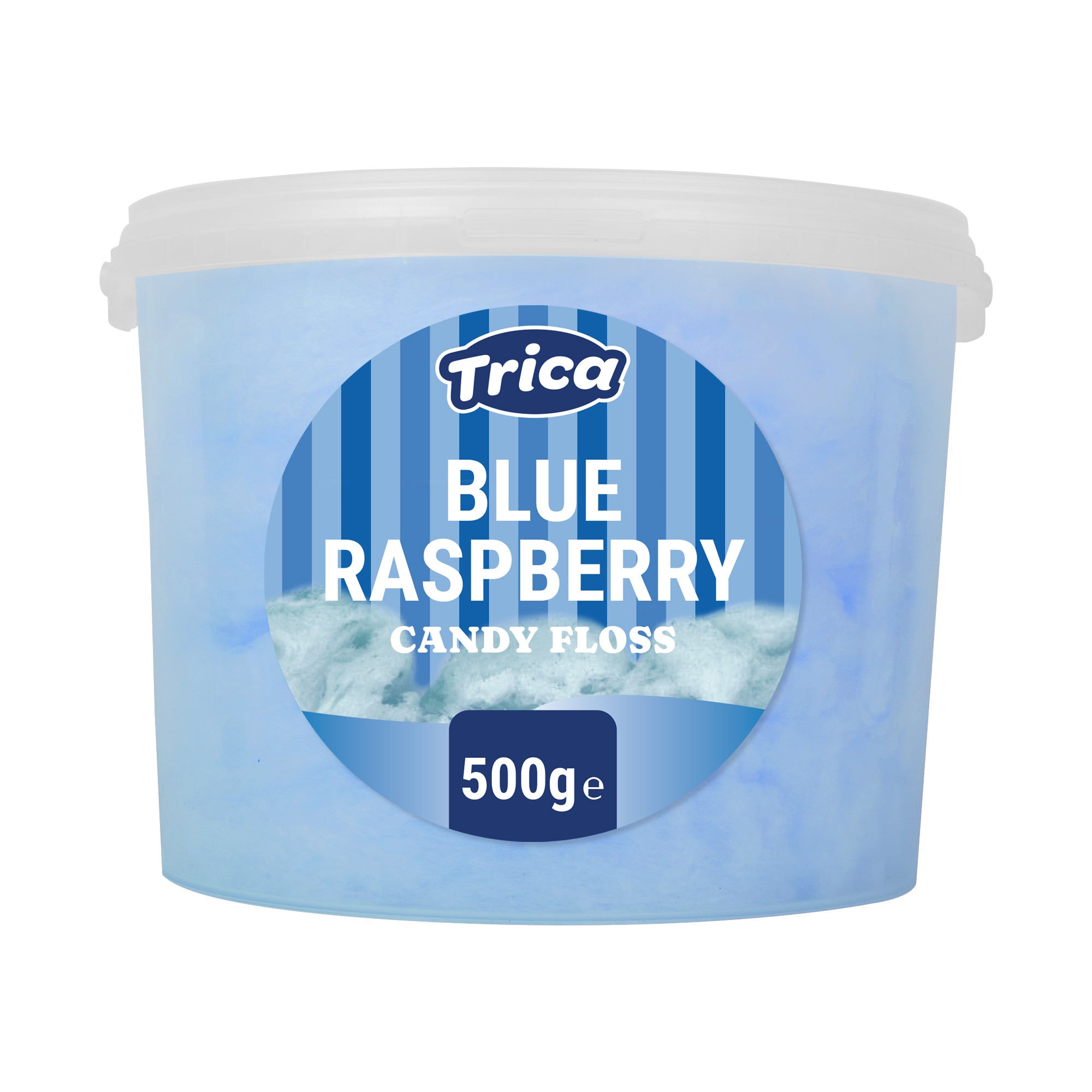 A 500g tub of Trica Blue Raspberry Candy Floss on a solid white background.