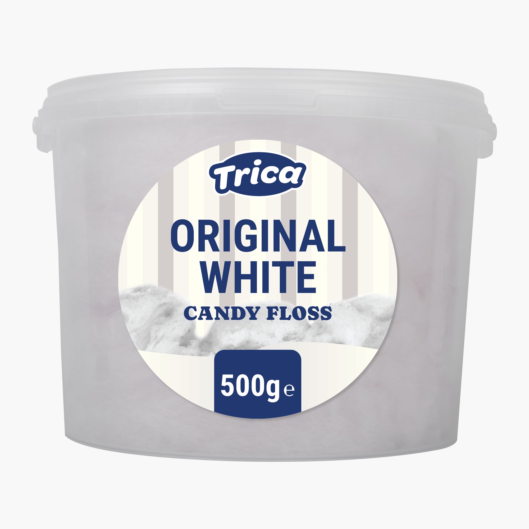 A 500g plastic tub of Trica Original White Candy Floss on a clean white background.