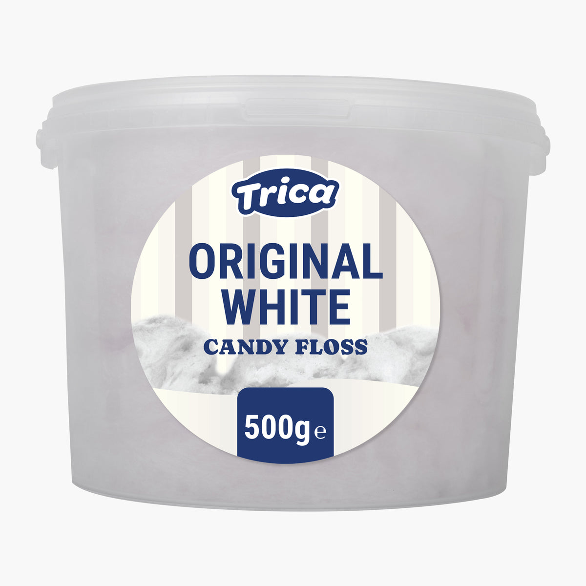 A 500g plastic tub of Trica Original White Candy Floss on a clean white background.