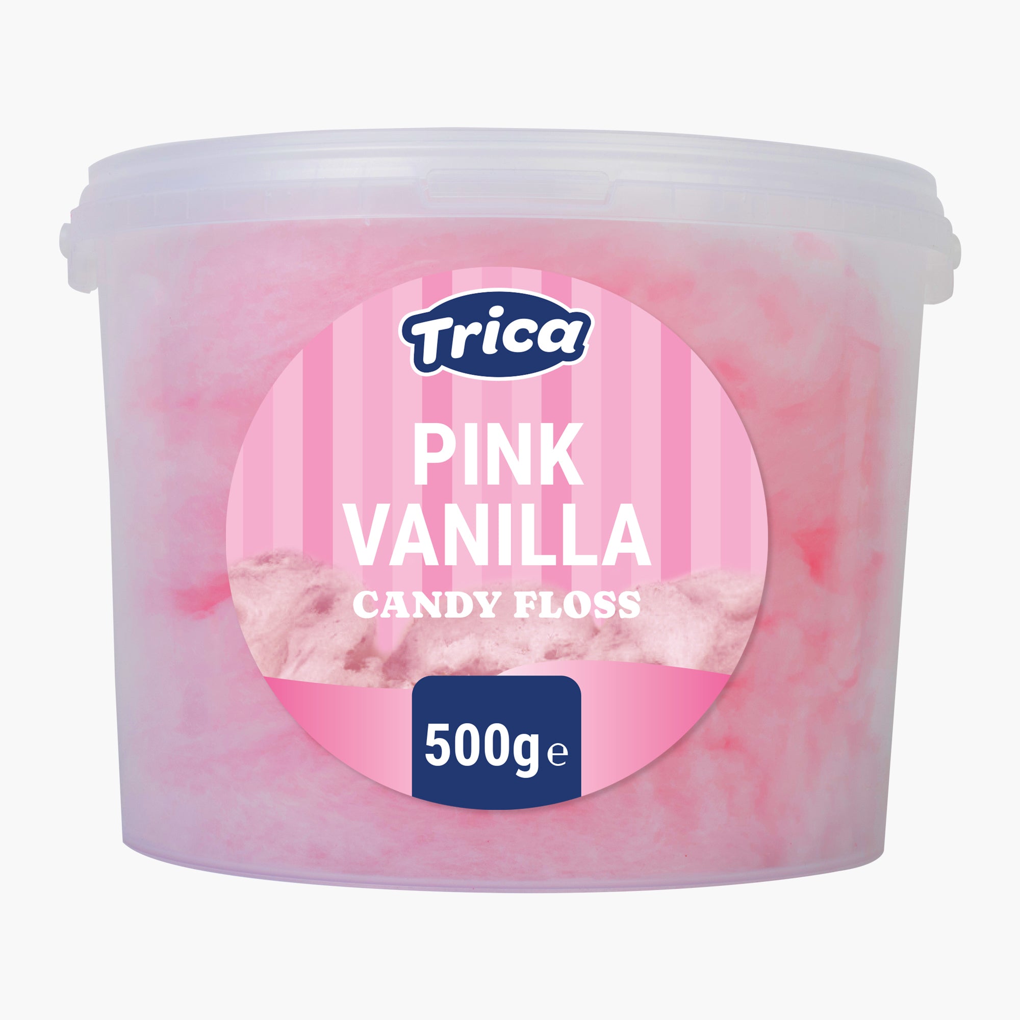 A 500g plastic tub of Trica Pink Vanilla Candy Floss, featuring a pink and white striped label with the brand logo and product name.