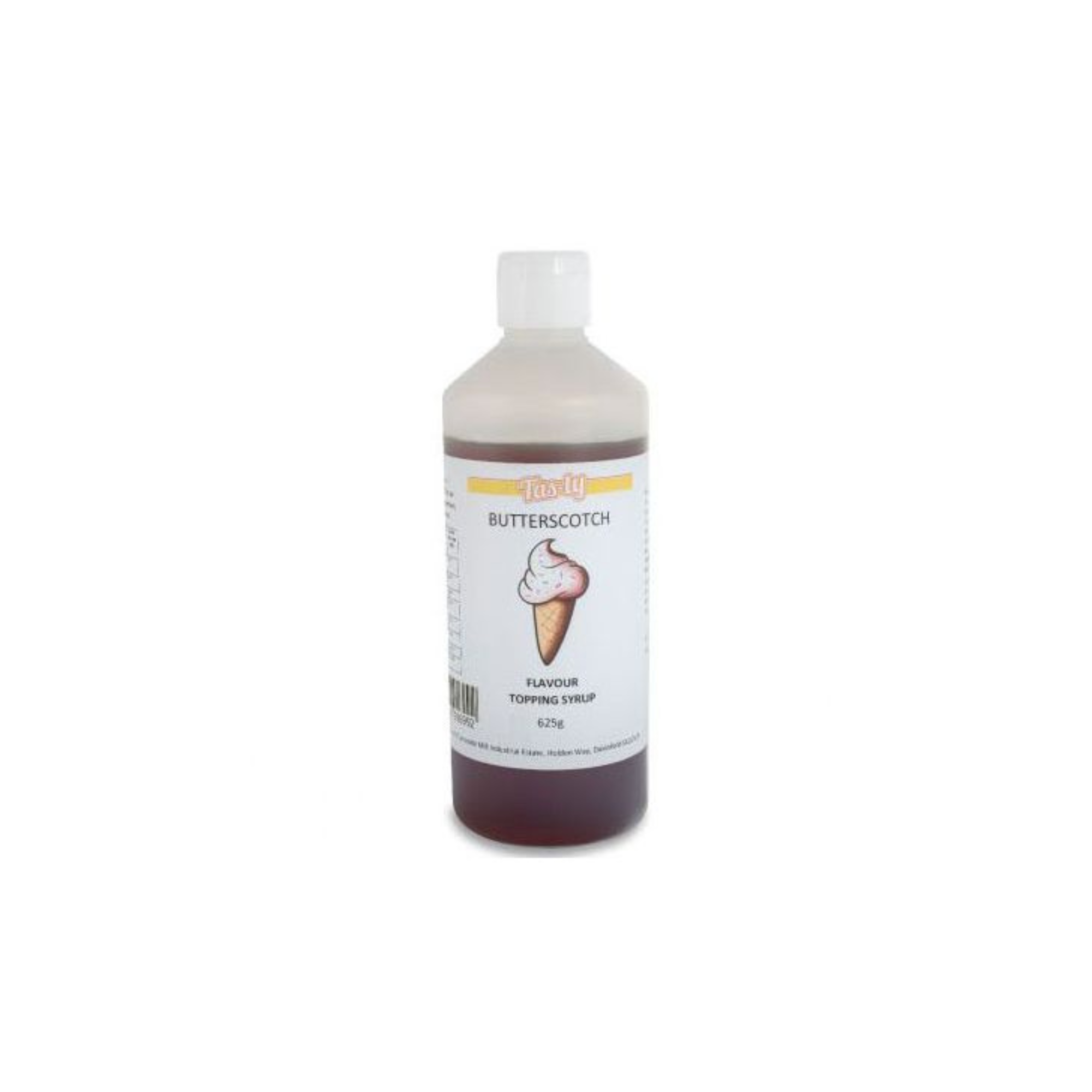 Plastic bottle of Tasty Butterscotch Flavour Topping Syrup, 625g. The label features an illustration of an ice cream cone with white background.
