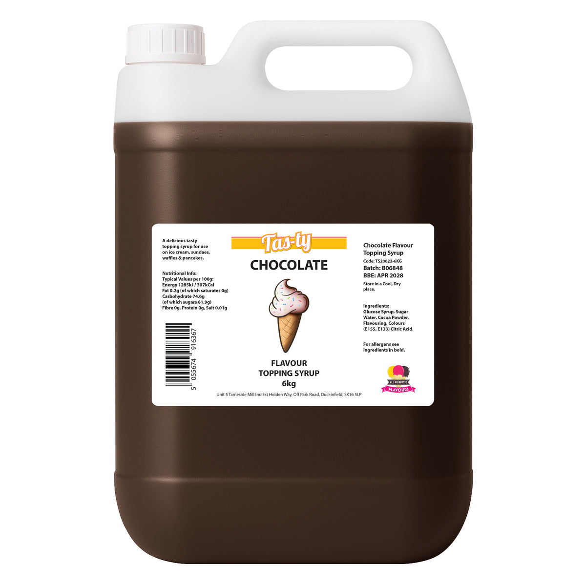 Large brown container with a white cap holding 6kg of chocolate-flavored topping syrup. Label features an ice cream cone illustration and product details.