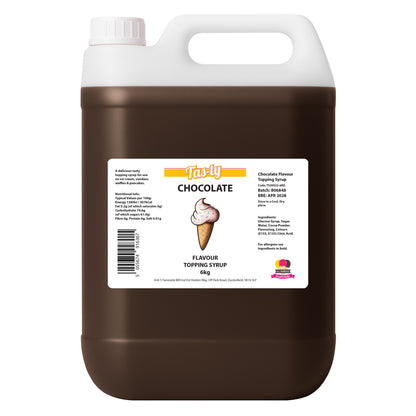 Large brown container with a white cap holding 6kg of chocolate-flavored topping syrup. Label features an ice cream cone illustration and product details.