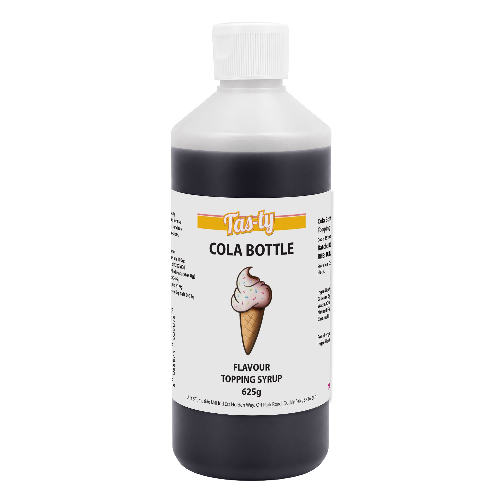 A bottle of Tas-ty Cola Bottle Flavour Topping Syrup, 625g. The label features an ice cream cone illustration. The tone is playful and sweet.
