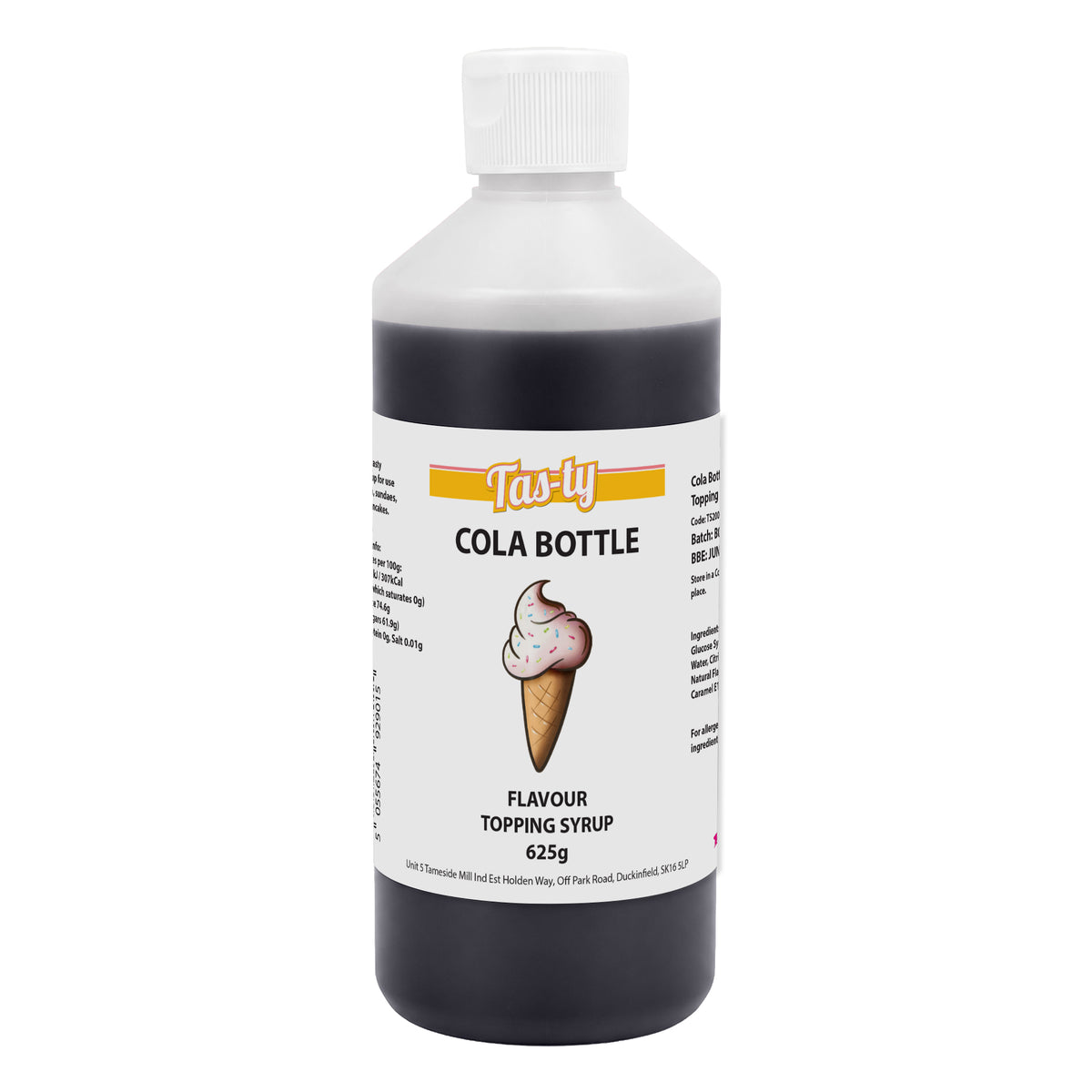 A bottle of Tas-ty Cola Bottle Flavour Topping Syrup, 625g. The label features an ice cream cone illustration. The tone is playful and sweet.