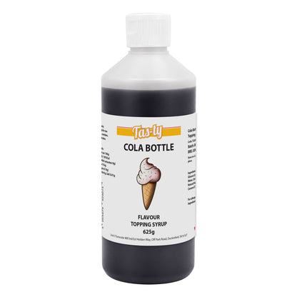 A bottle of Tas-ty Cola Bottle Flavour Topping Syrup, 625g. The label features an ice cream cone illustration. The tone is playful and sweet.