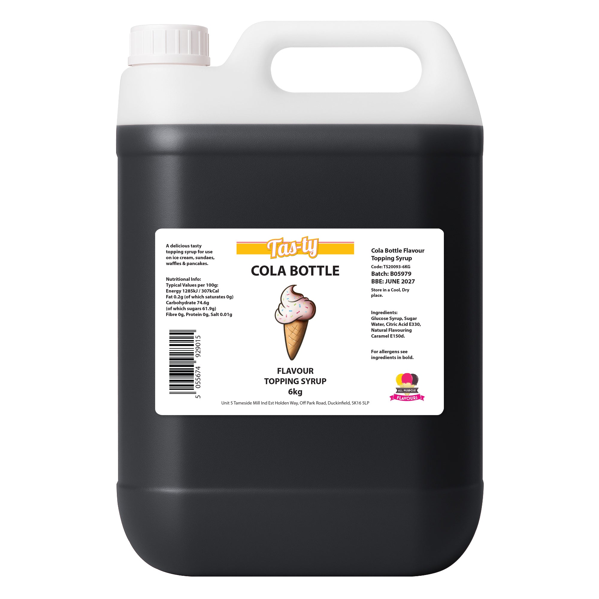 Large black bottle with white cap labeled "Tas-ty Cola Bottle Flavour Topping Syrup." Features an ice cream cone image. Product text details usage and ingredients.
