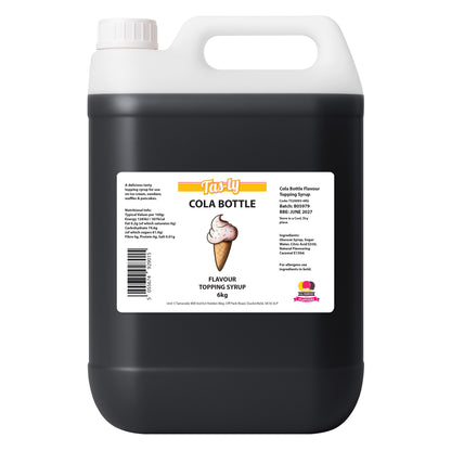 Large black bottle with white cap labeled "Tas-ty Cola Bottle Flavour Topping Syrup." Features an ice cream cone image. Product text details usage and ingredients.