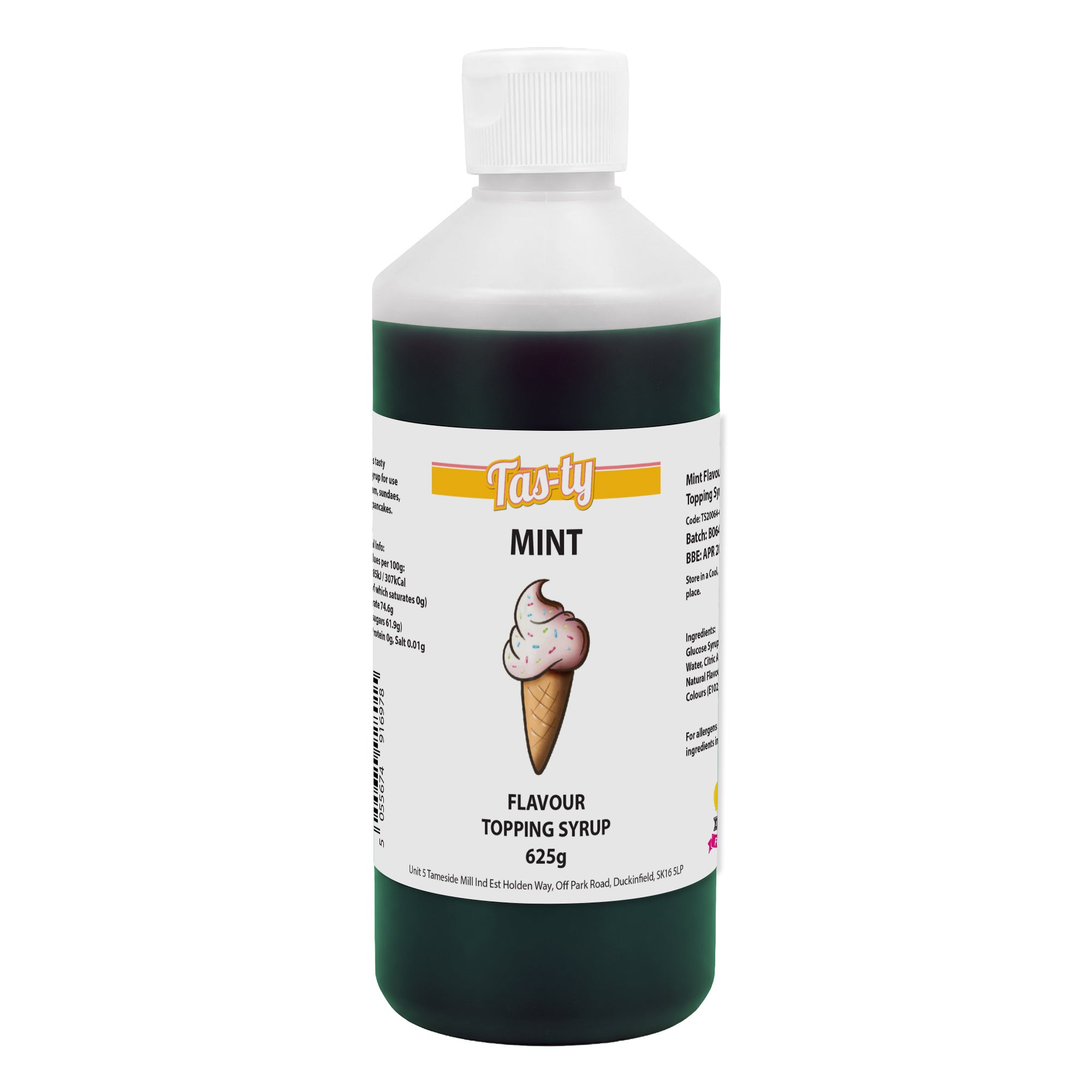 Bottle of Tas-ty Mint Flavor Topping Syrup, 625g. The label features an ice cream cone graphic. The bottle has a white cap and a green liquid inside.