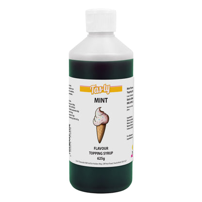 Bottle of Tas-ty Mint Flavor Topping Syrup, 625g. The label features an ice cream cone graphic. The bottle has a white cap and a green liquid inside.