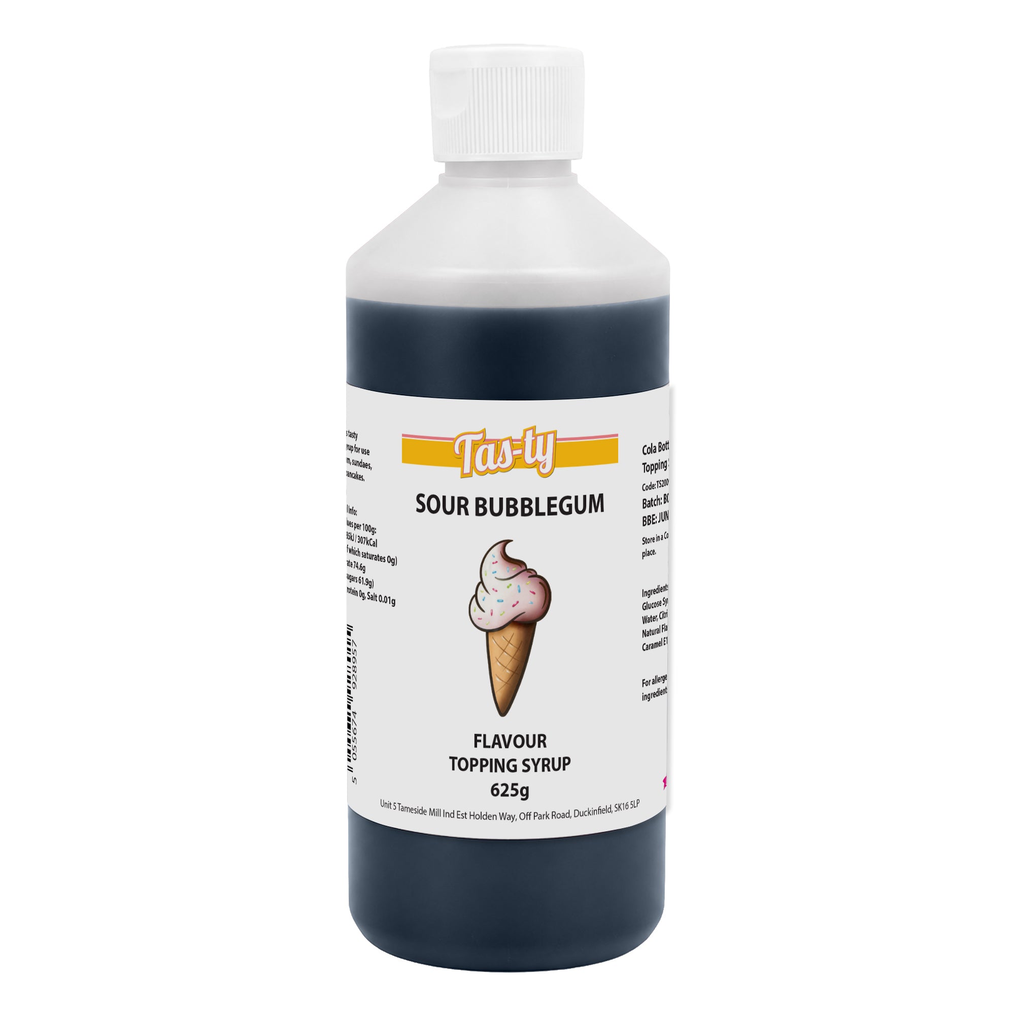 A clear bottle labeled "Tas-ty Sour Bubblegum" with an ice cream cone image. Contains 625g of flavor topping syrup, conveying a playful and sweet tone.