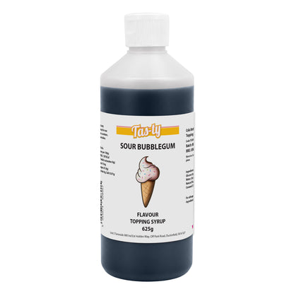 A clear bottle labeled "Tas-ty Sour Bubblegum" with an ice cream cone image. Contains 625g of flavor topping syrup, conveying a playful and sweet tone.