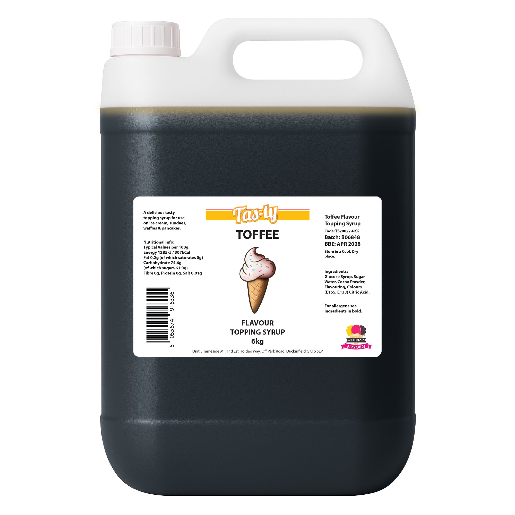 Dark gray 6kg jug of Tas-ty Toffee Flavour Topping Syrup. White label with decorative ice cream cone and nutritional details.