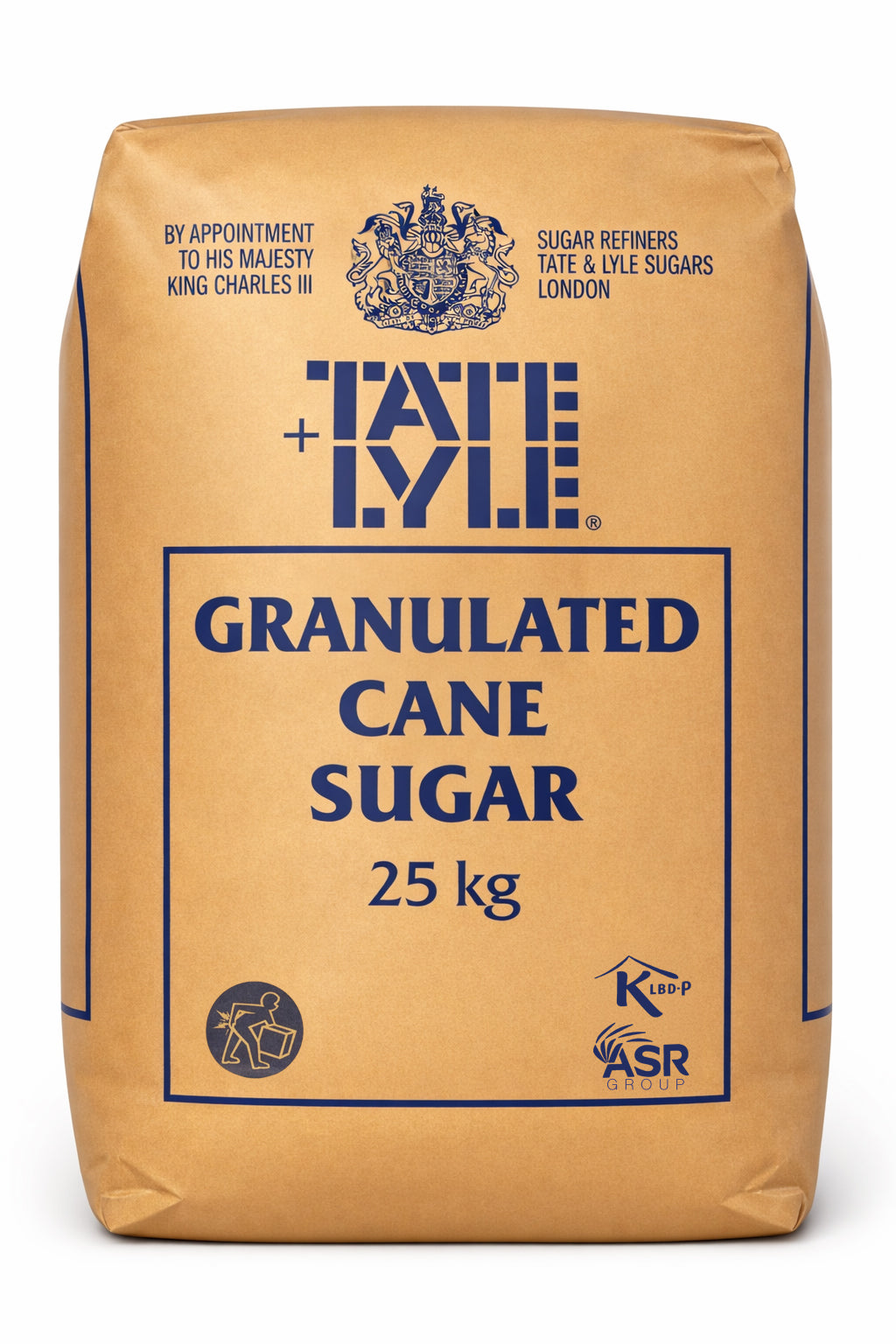 A 25 kg brown paper bag of Tate &amp; Lyle granulated cane sugar with blue text and a royal crest on the packaging.
