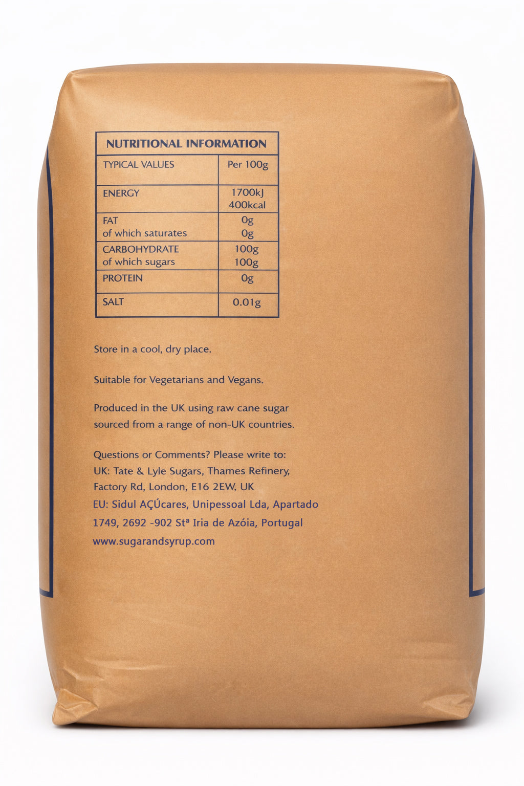 A brown paper bag displays nutritional information and contact details for sugar, including energy, fat, carbohydrate, protein, and salt content per 100g.