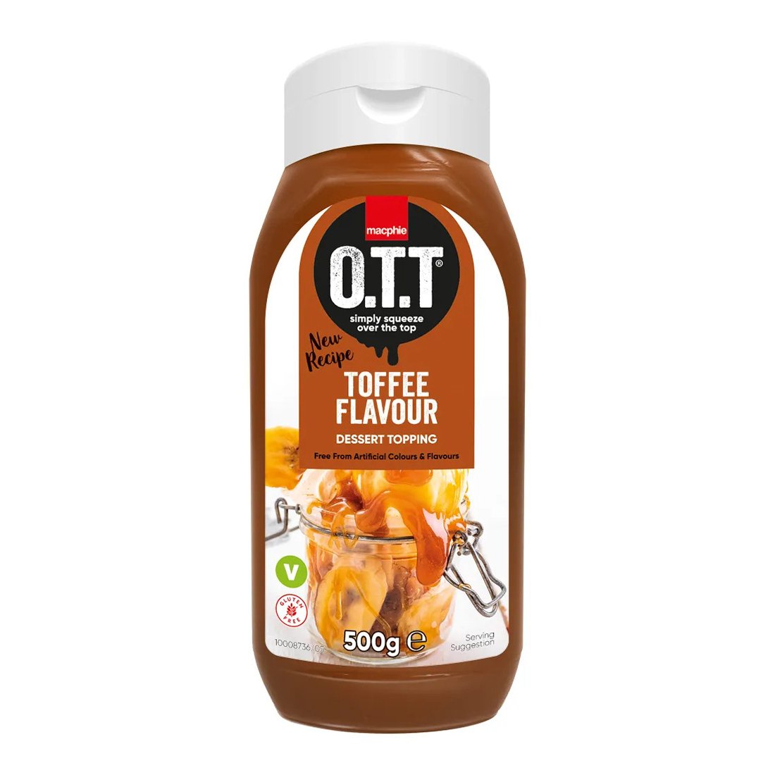 Macphie O.T.T Toffee Flavour Dessert Topping 500g bottle – smooth toffee sauce ideal for pancakes, ice cream, and desserts.