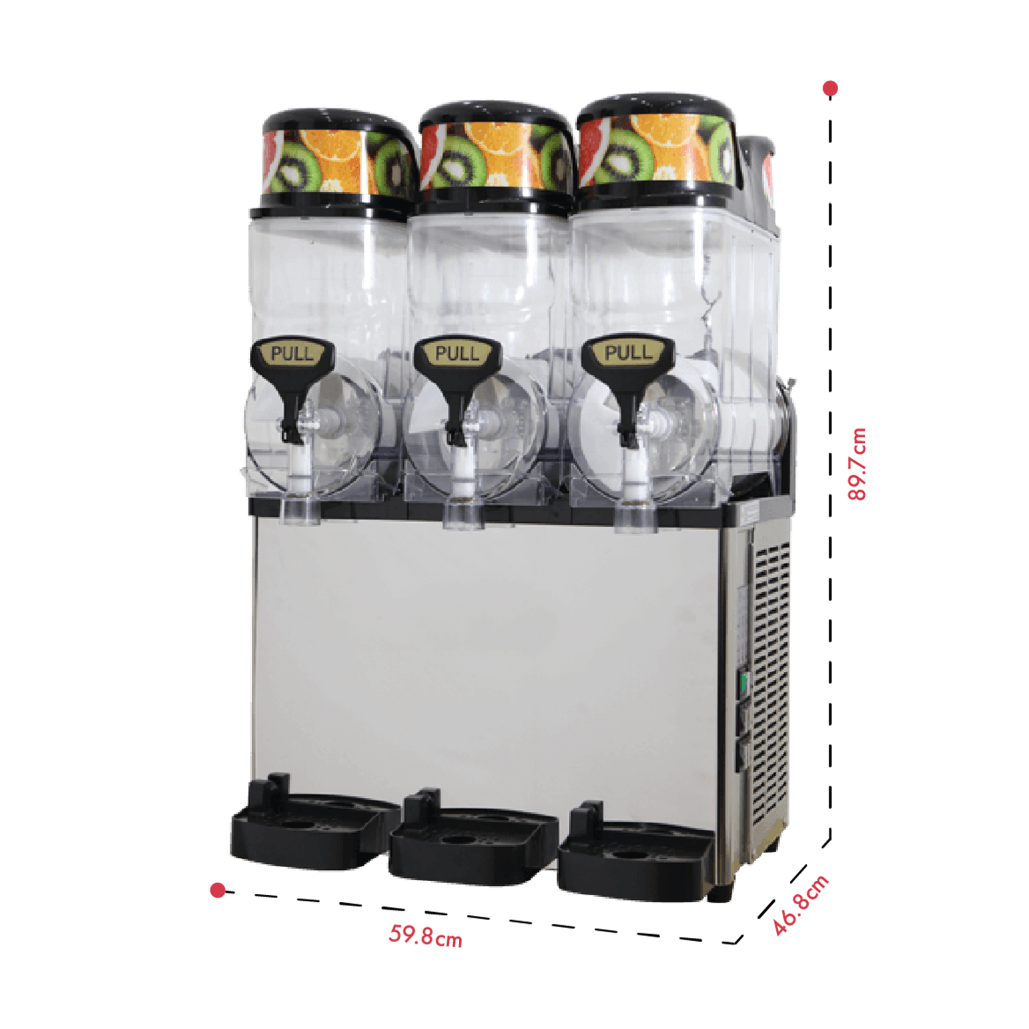 A triple-bowl slush machine with three transparent containers, each with a black "PULL" spout. The machine is designed to hold slush flavors and has a silver base with black details. The dimensions of the machine are marked at 89.7 cm in height, 59.8 cm in width, and 46.8 cm in depth.