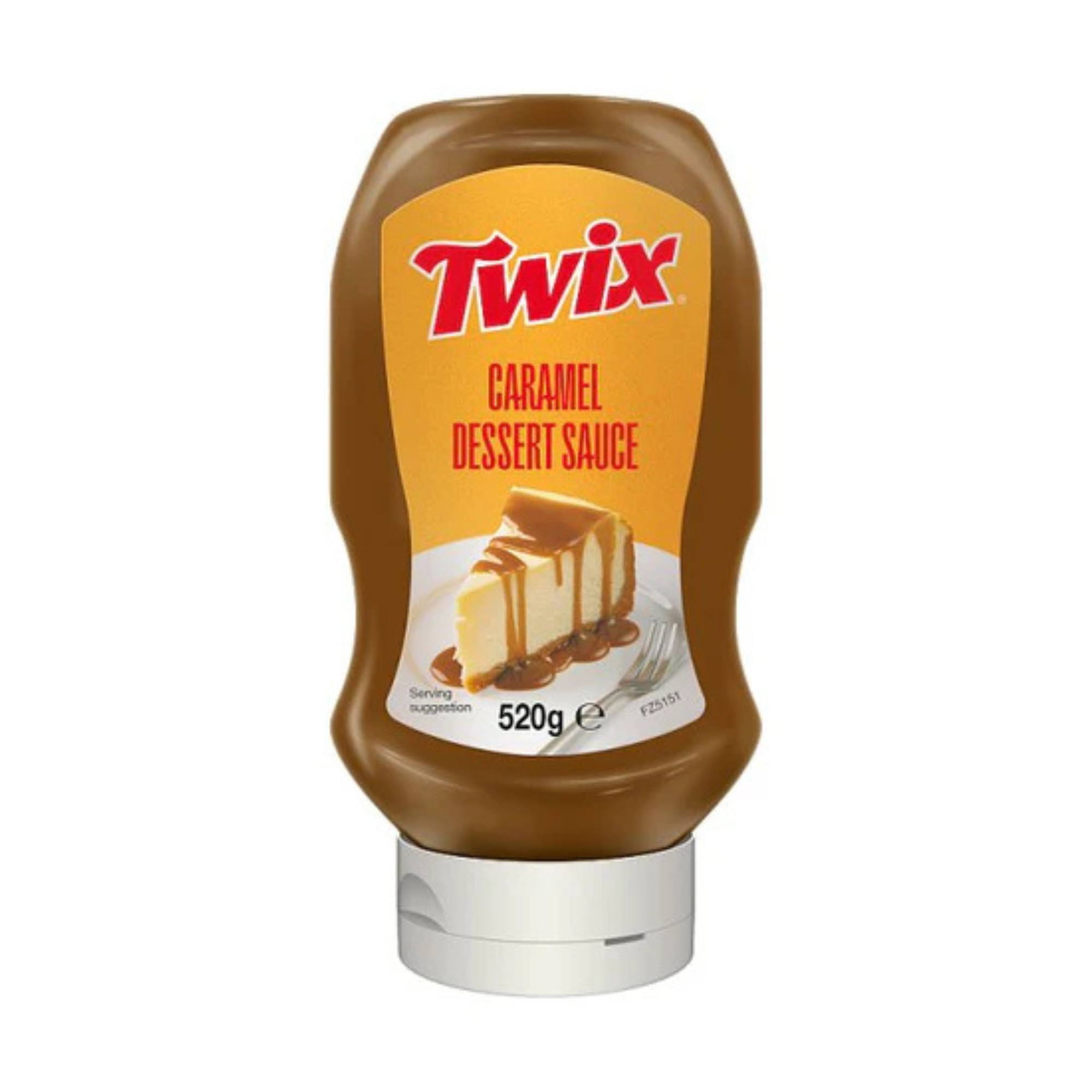 A bottle of Twix Caramel Dessert Sauce with a yellow label. The label shows caramel-drizzled cheesecake. The bottle contains 520g of sauce.