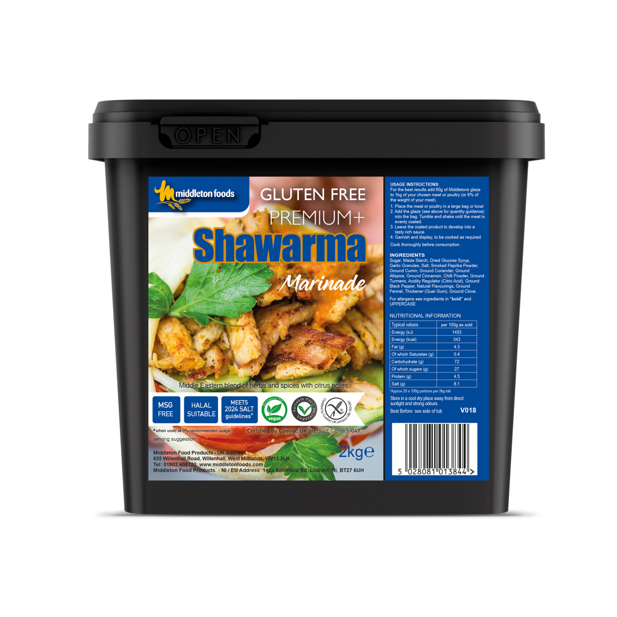Black 2kg tub of Middleton Foods Gluten Free Premium Shawarma Marinade, showing seasoned chicken, herbs, nutrition panel and barcode.