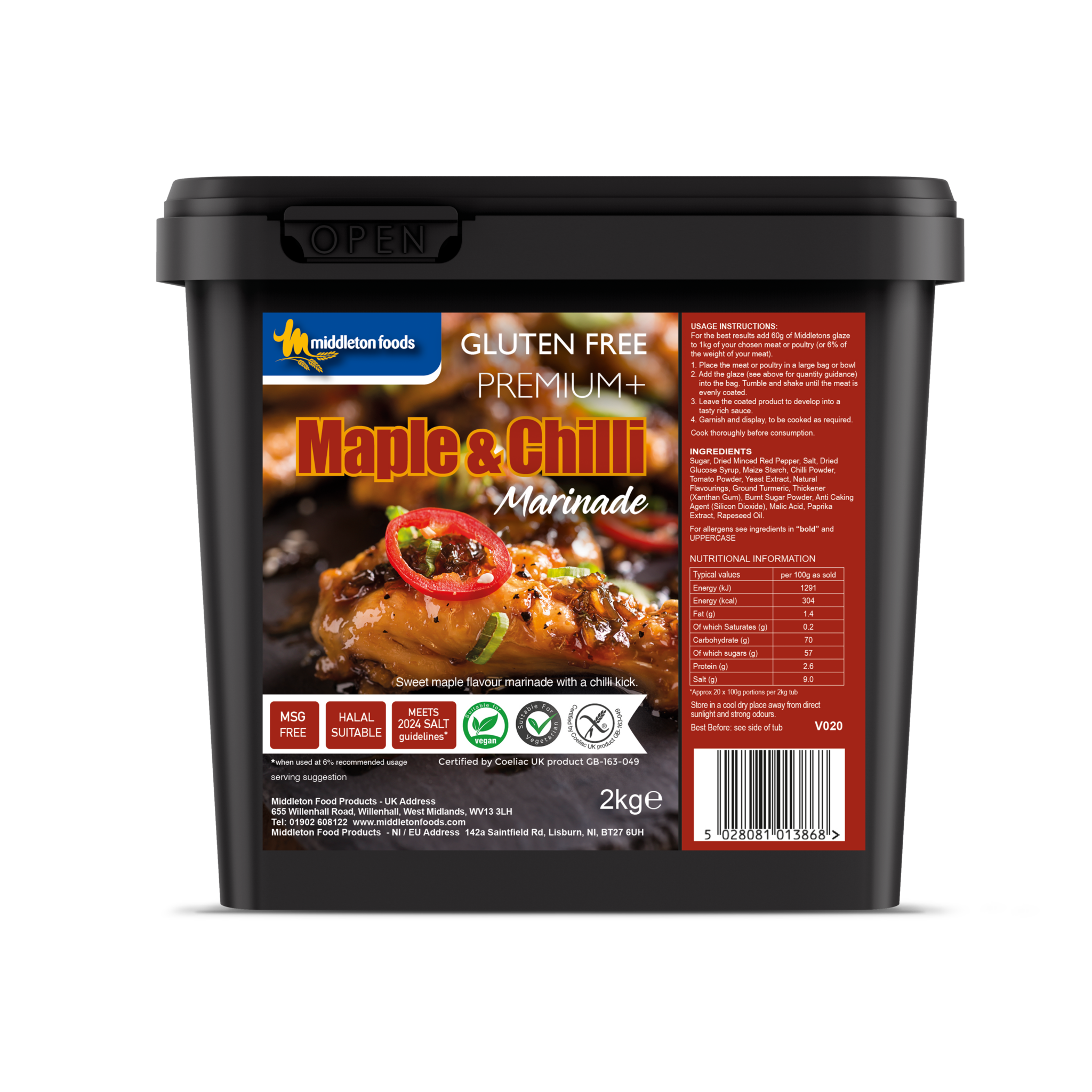 Black tub of gluten-free premium Maple & Chilli Marinade, featuring glazed meat topped with red chilli and herbs; bold, appetizing packaging.