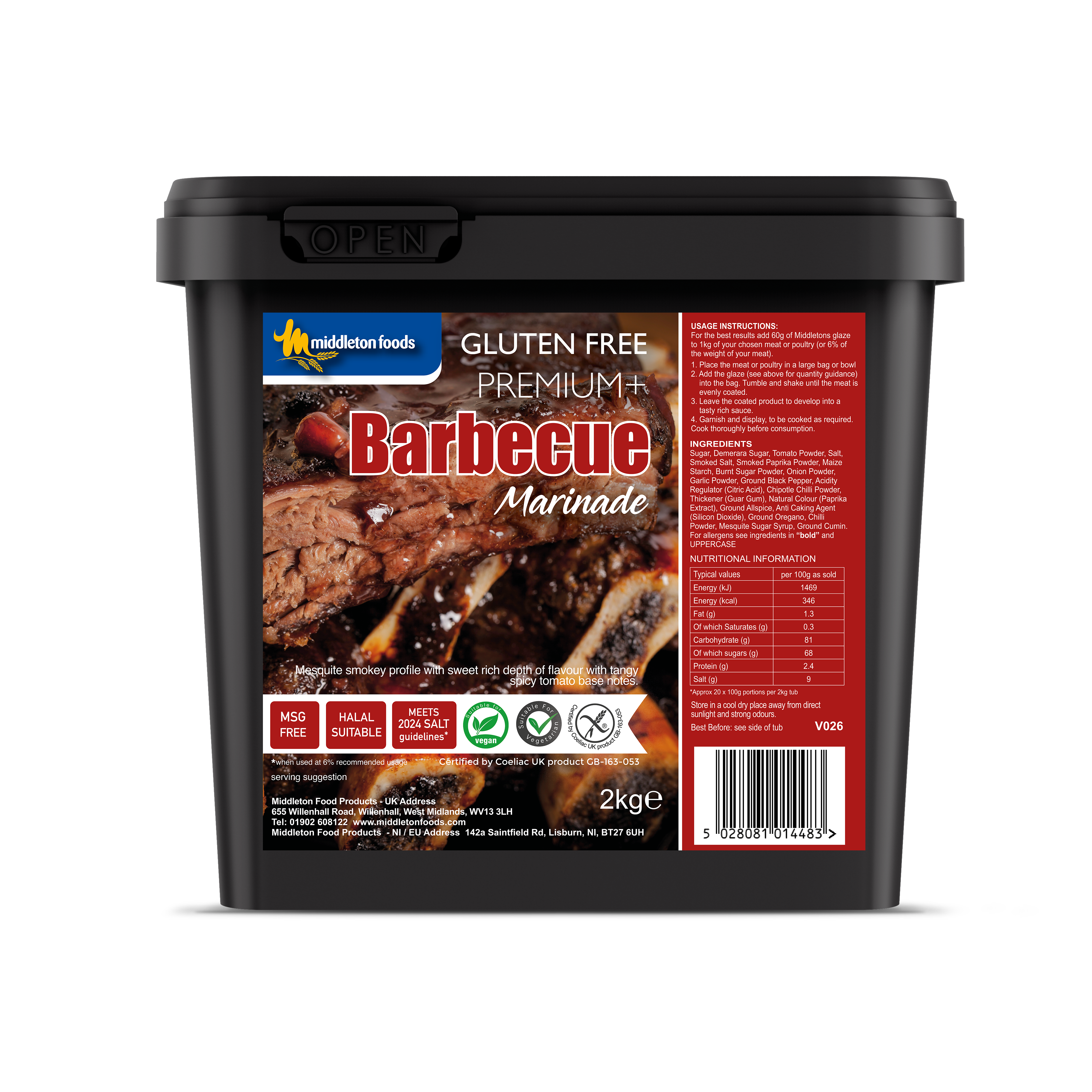 Black tub of Middleton Foods gluten-free premium barbecue marinade, featuring grilled meat imagery, red label, nutrition panel, and barcode.