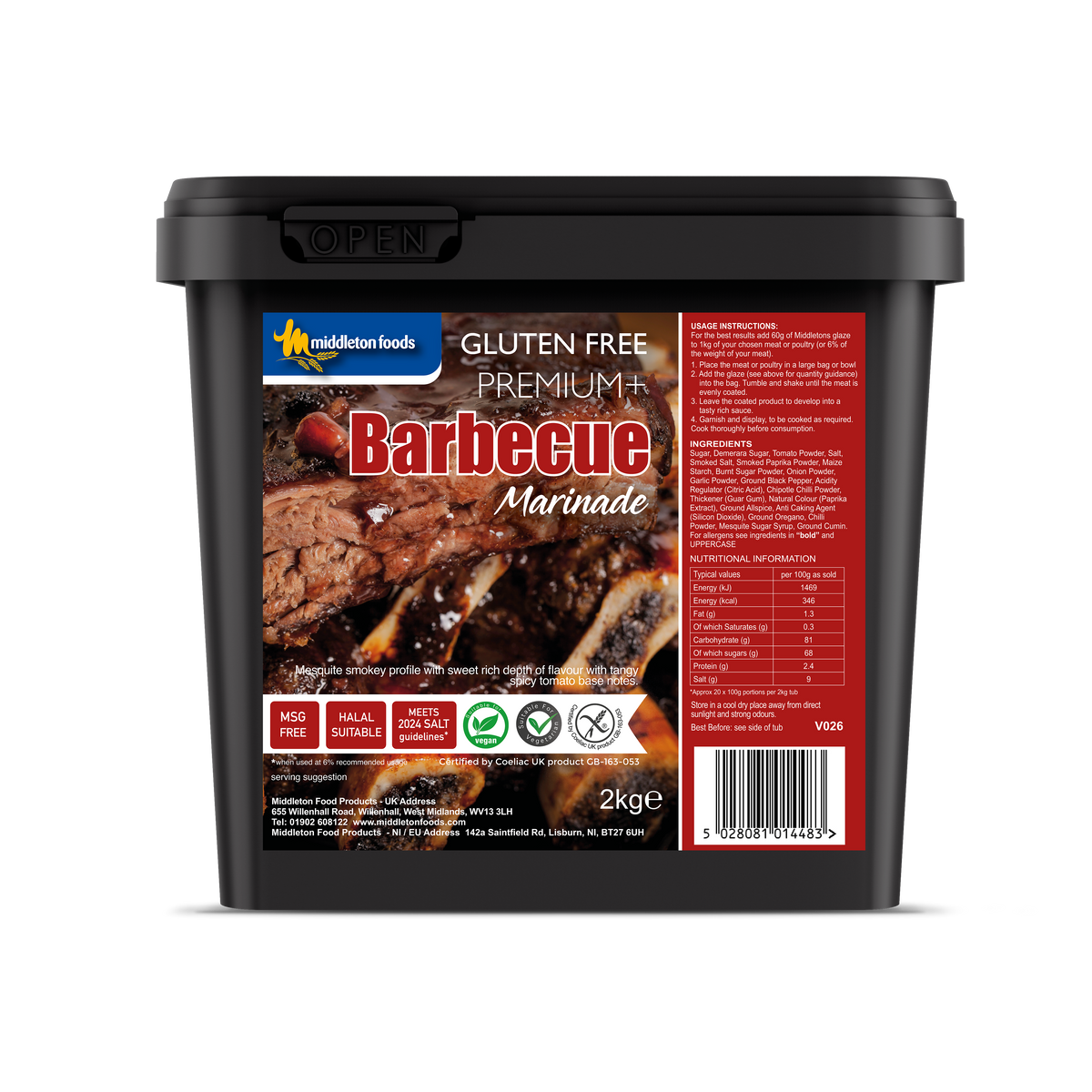Black tub of Middleton Foods gluten-free premium barbecue marinade, featuring grilled meat imagery, red label, nutrition panel, and barcode.