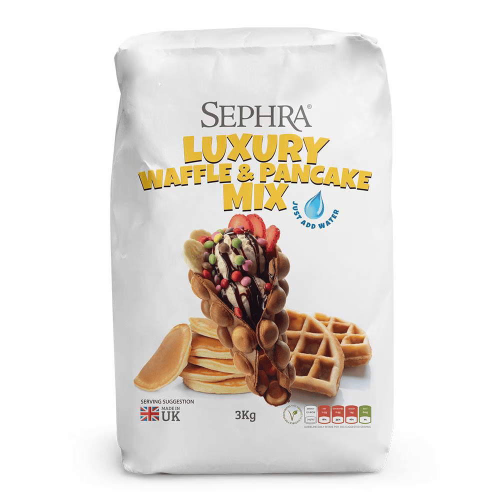 Sephra Luxury Waffle & Pancake Mix 3kg bag featuring images of waffles, pancakes, and a bubble waffle cone filled with ice cream and toppings. The packaging includes “Just Add Water” text and a “Made in UK” label.