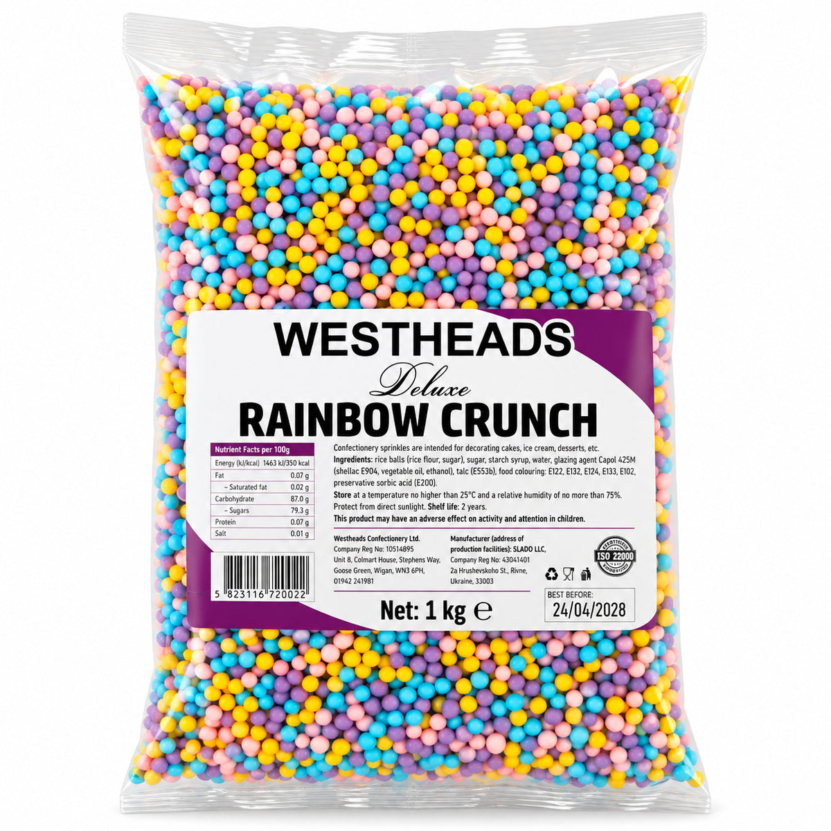 A clear bag of bright pink, blue, yellow, orange, and purple rainbow crunch candies labeled “Westheads Deluxe,” 1 kg; colorful, playful packaging.