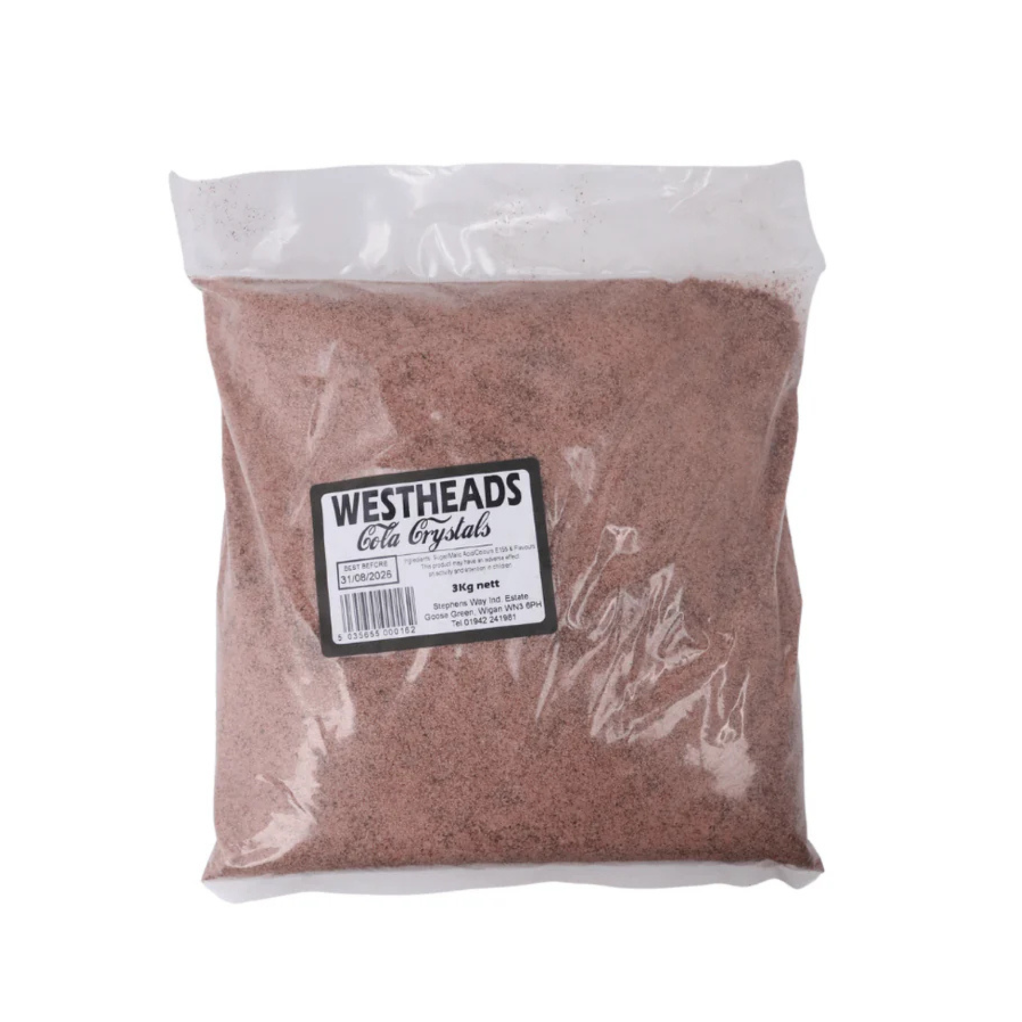 Clear plastic bag containing reddish-brown cola crystals with a "Westheads" label. The bag appears full and neatly sealed.
