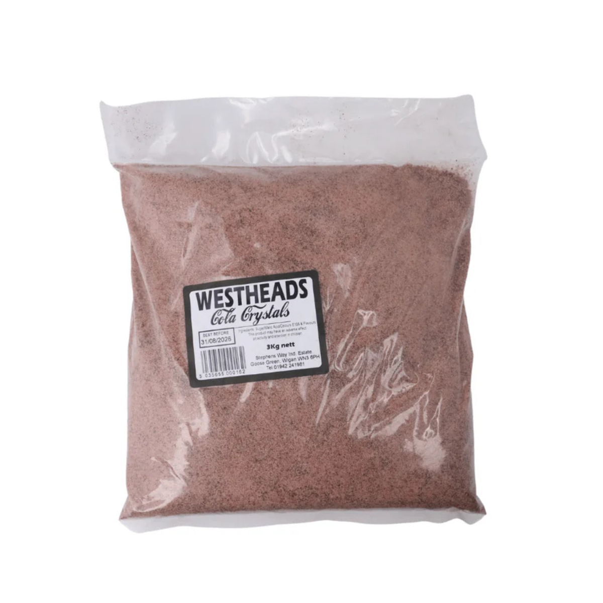 Clear plastic bag containing reddish-brown cola crystals with a "Westheads" label. The bag appears full and neatly sealed.