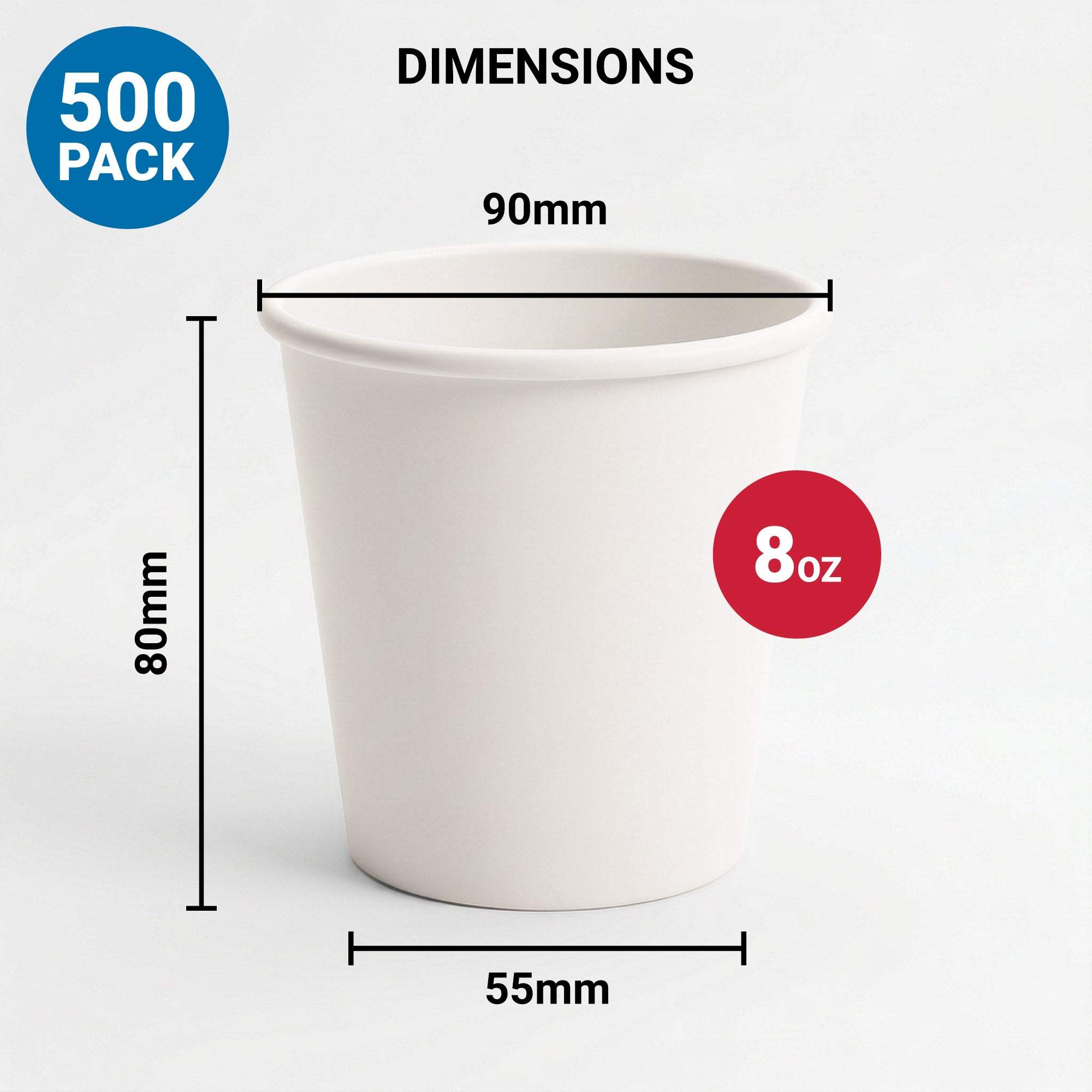 A white paper cup is displayed with dimensions: 90mm diameter, 80mm height, and 55mm base. Text reads "8 oz" in red and "500 Pack" in blue.