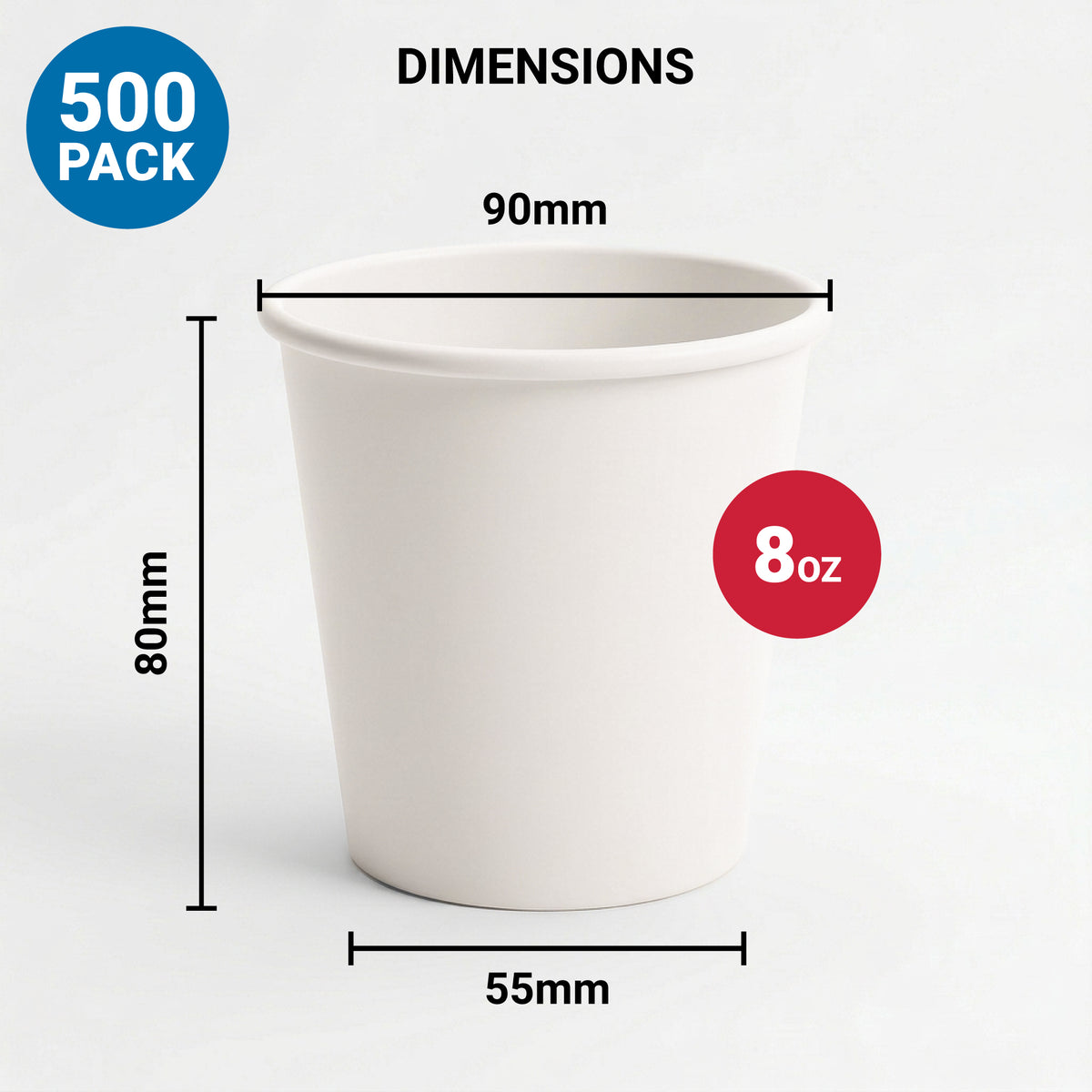 A white paper cup is displayed with dimensions: 90mm diameter, 80mm height, and 55mm base. Text reads "8 oz" in red and "500 Pack" in blue.