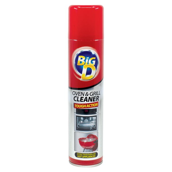 A red-and-silver Big D oven and grill cleaner aerosol can stands upright on white, labeled “Tough Action”; bold, practical product packaging.