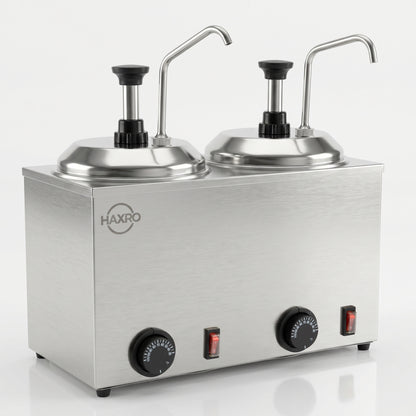 Stainless steel double sauce dispenser with two lids and temperature controls.