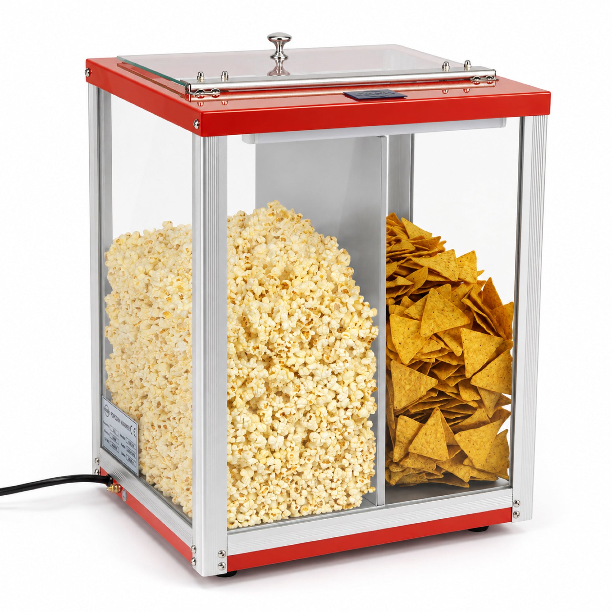 A glass display case with a red frame showing fresh, buttery popcorn on the left and crispy, golden nacho chips on the right, evoking a festive snack vibe.