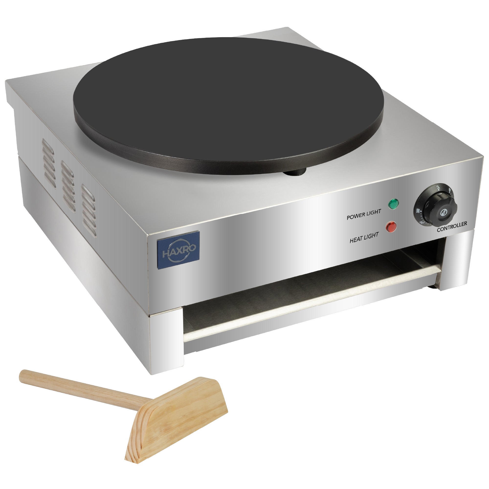 Stainless steel Haxro electric crepe maker with a black circular cooking plate and a wooden crepe spreader placed in front.