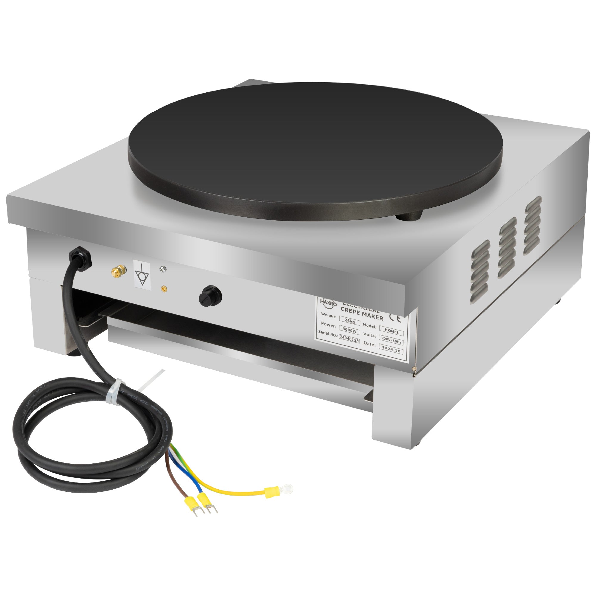 Rear view of a Haxro crepe maker showing ventilation panels, wiring, and a label with product specifications.