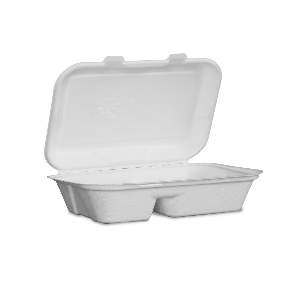 A white, disposable takeout container with a hinged lid, divided into two compartments.