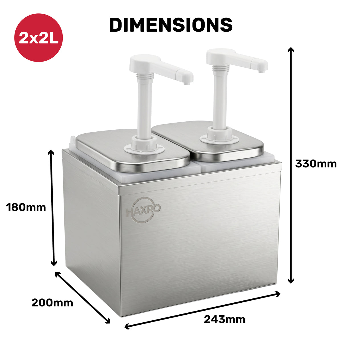 Dimensions of a stainless steel double dispenser with two pumps, labeled "2x2L". Dimensions are 330mm height, 200mm width, and 243mm depth, with a height of 180mm for the dispensing area.