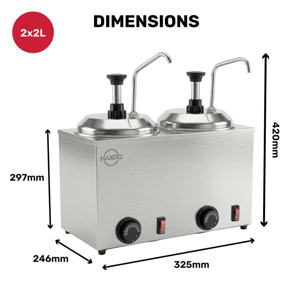 Dimensions of a dual sauce dispenser with measurements: 2x2L, 420mm height, 325mm width, 297mm depth, 246mm base height.