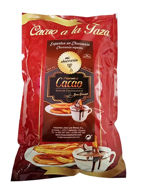 Red “Cacao a la Taza” Spanish churros package featuring golden churros and a cup of thick hot chocolate; warm, appetizing design.