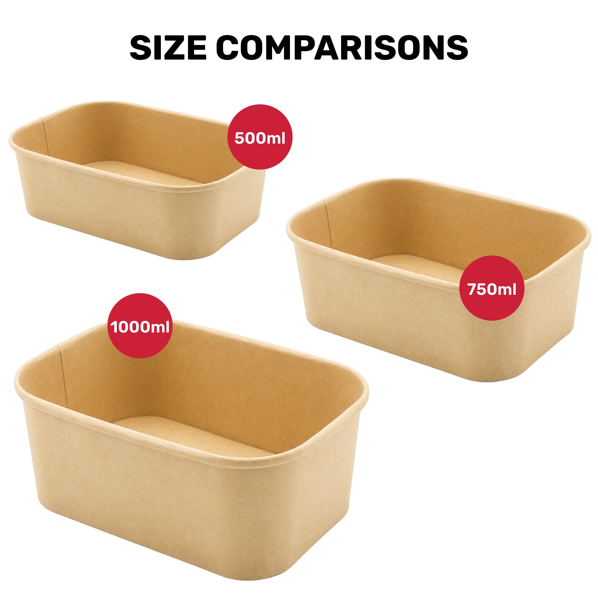 Three kraft brown containers with volume labels on a white background